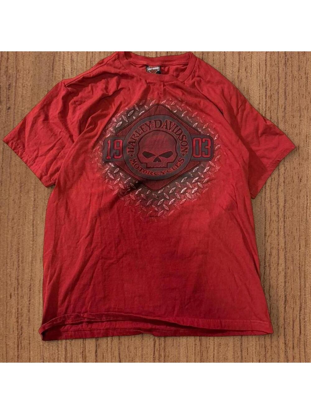 Vintage 90s graphic tee Harley Davidson red skull tee with diamond plate design